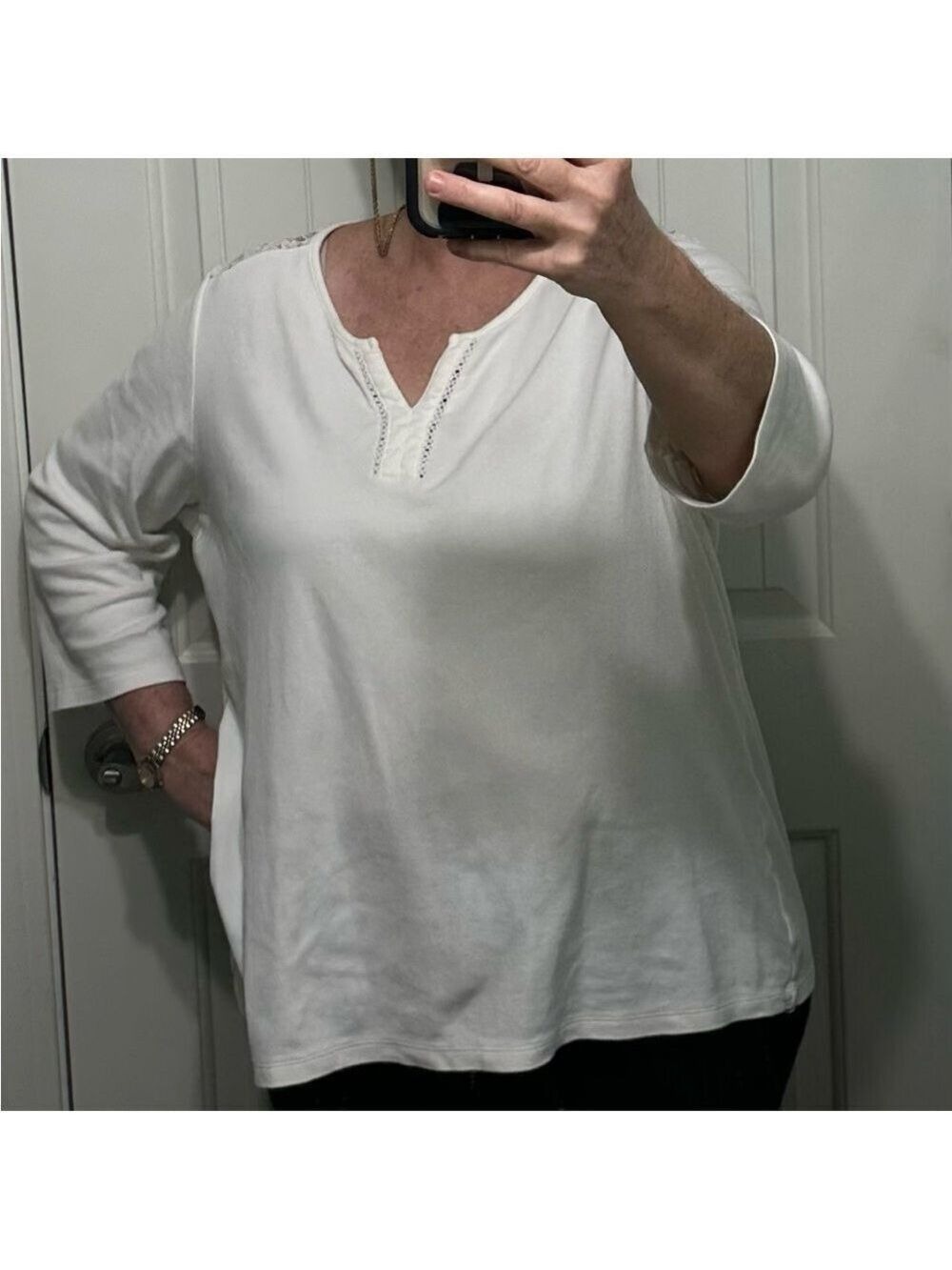 Kim Rogers Women’s Curvy fit 3/4 Sleeve Solid White Notch Neck Top Size 2X